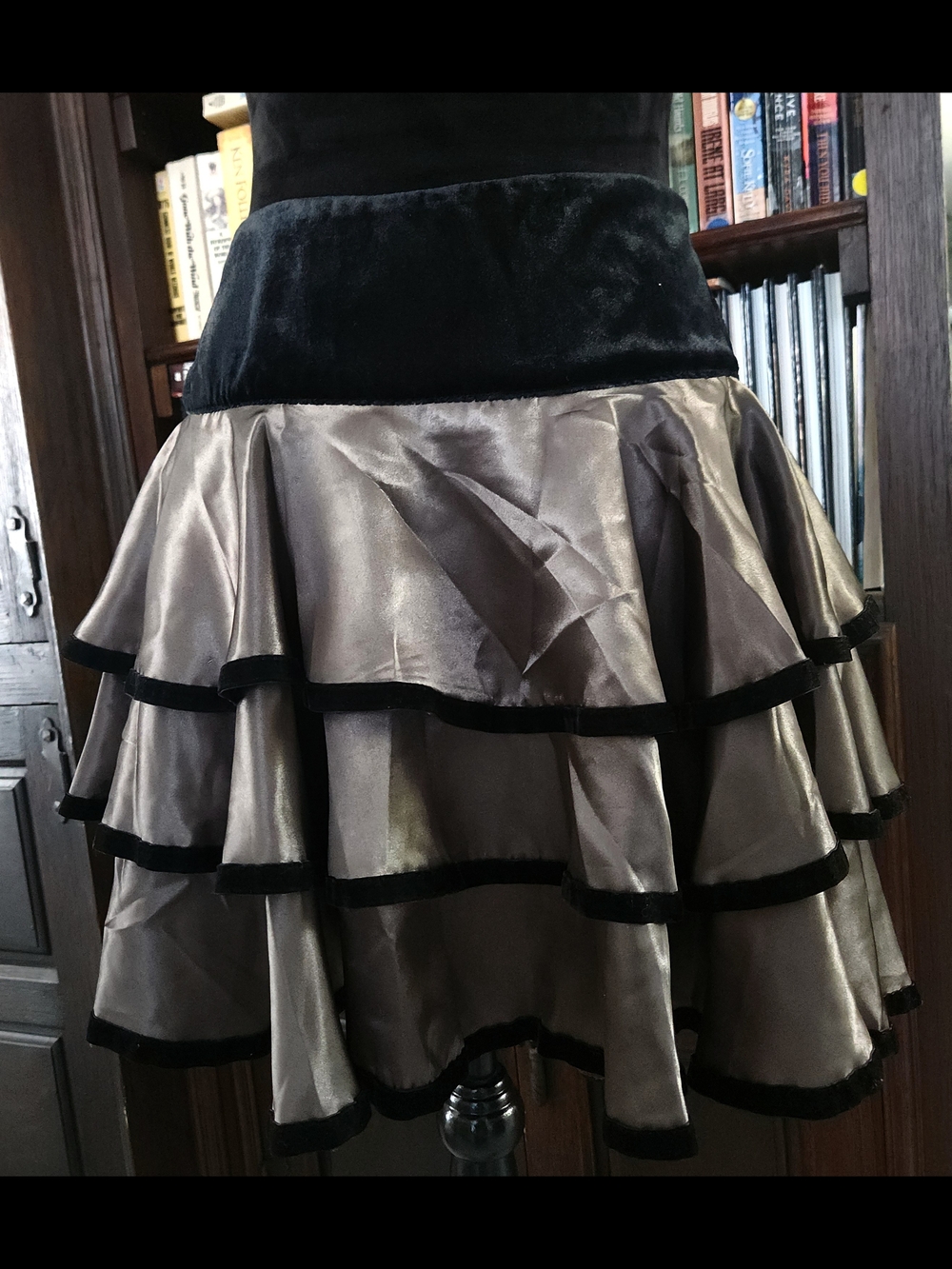 Metallic Taupe Tiered Skater Skirt with Black Trim